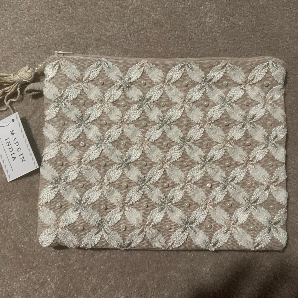 Made in India boho Embellished Cosmetics Bag ivory beige